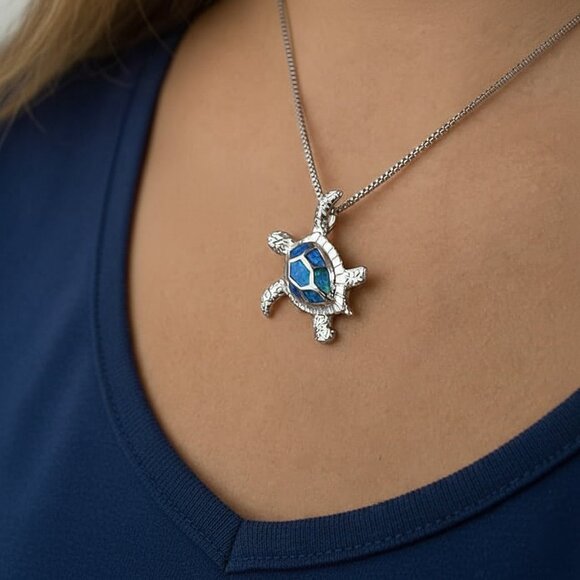 Silver and Hawaiian Blue Opal Sea Turtle Pendant Fashion Necklace NWOT - Picture 2 of 8